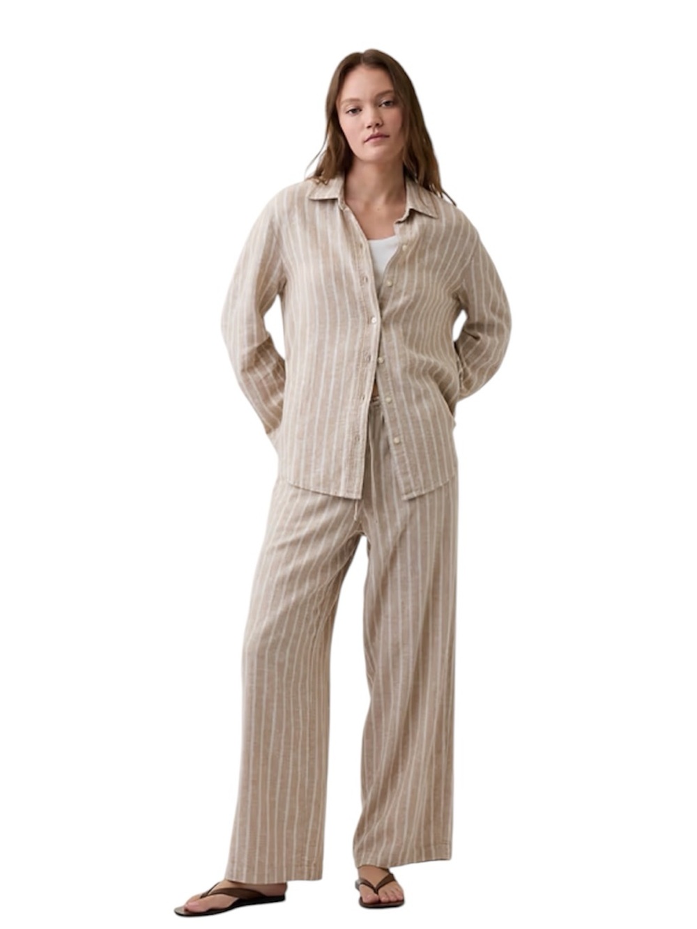 Gap Factory Linen Blend Easy Shirt In White Kakhi Stripe